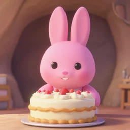 big pink bunny, bakes a cake in a cave, pixar, disney, full shot closeup portrait edition, tilt shift background