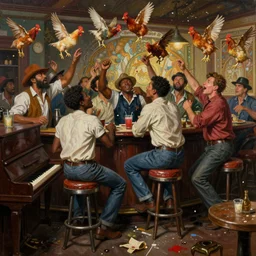 a messy rowdy painting of men gatecrashing a bar, barstool and chickens flying through air, smooth, sharp focus, black men, rednecks, deep south, piano, ultrarealistic, intricate, art by dean cornwell and alphonse mucha, paint splatters, artstation, octane render, sharp focus, cinematic, dynamic volumetric lighting by delphin enjolras