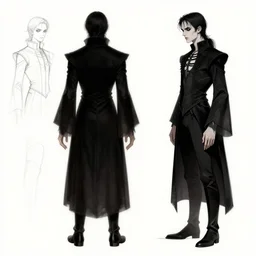gothic character back view and side view detail designs, Milo Manara, Greg Rutkowski, character sheet, Darek Zabrocki, Karlkka, Jayison Devadas, Phuoc Quan, trending on Artstation, 8K, ultra wide angle, pincushion lens effect