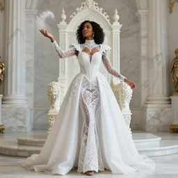 a beautiful black woman, wearing a white, intricate, thin, high-necked, Queen's gown, is standing in front of a marble throne in a white marble epic hall and throwing magic dust