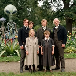 sharp,  detailed, 36864k film, 175000mm film still from a sci fi blockbuster color movie made in 2019, set in 1860, of a family standing in a park, next to some strange alien plants and flowers, on an alien planet, the family are all wearing 1860s era clothes, good lighting, enhanced faces, 700mm f/1.4L lens