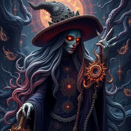 psychadelic witch, hyper detailed, flowing psychadelic background intricate and detailed, ornate 8 k gorgeous intricate detailed, octane render