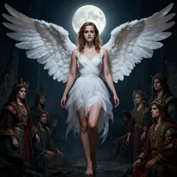 emma watson as angel, lsd trip, fullbody, artstation, fantasy, concept art, dark, moonlight, incredible, smooth, sharp focus, illustration, art by greg rutkowski, frank frazetta, boris vallejo, beeple, christian macnevin, lucas graciano, digital art, steve argyle, peter mohrbacher, davi blight and orientalism and bouguereau and zdzislaw beksinski, lighting, symmetrical, perfect face, 1 3 5 mm, cinematic, hyper realism, high detail