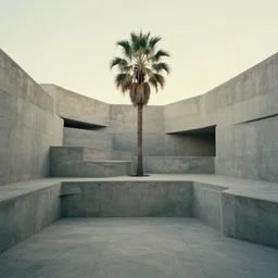 noisy color photograph of a concrete underground retrofuturist liminal space, staggered terraces, centered palm tree growing out of concrete, deformations, minimalist, concrete sky, cinematic, soft vintage glow
