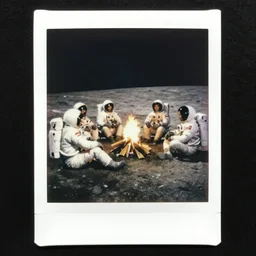 a group of astronauts sit around a campfire on the moon, polaroid, vintage photo, realistic,
