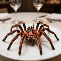 8 5 mm food photography of a large grilled spider at a restaurant with dof and bokeh and wine glasses out of focus in the background. highly detailed 8 k. intricate. lifelike. soft diffused light. nikon d 8 5 0.