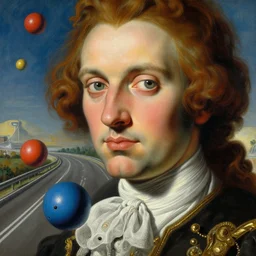 a baroque neoclassicist renaissance close - up portrait of robotic bouncing balls on a highway. highly detailed fantasy science fic tion painting by moebius, norman rockwell, frank frazetta, and syd mead. rich colors, high contrast. artstation
