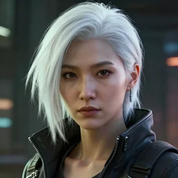 woman ; white hair ; asian, cyberpunk ; unreal engine 5 rendered, octane rendered, art style by alexandre cabanel ; digital art ; high detail ; bladerunner ; realistic