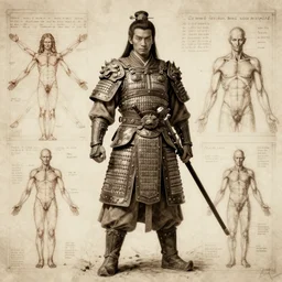 warriors in ancient china anatomy sketch, marginalia, sepia tone, character sheet, vitruvian man, karuta armor, highly detailed, photorealistic
