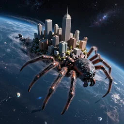 space giant swimming through space with a city on his back. the giant is scaping from a gian galactic spider