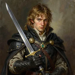 drawing painting portrait of a noble young man with a sword in style of game art lord of the rings banner saga ashes of gods toriyama gant miura kentaro photorealistic frank miller alex ross trending