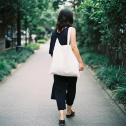 film washi photo of a woman on a pathway carrying a white bag