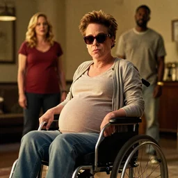 movie poster for weekend at bernie's 3, hilariously pregnant robert downey jr in a wheelchair with dark sunglasses, cinematic lighting with rosario dawson and dj qualls