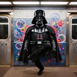 “Darth Vader breakdancing at a NYC subway full of bubble graffiti art”