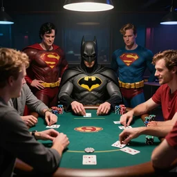 batman playing a poker game with other superheroes in a basement, coolidge