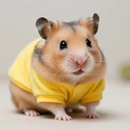 a hamster wearing a yellow shirt,
