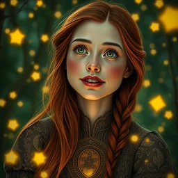 amazed happy young woman, surrounded by firefly lights, full covering intricate detailed dress, amidst nature, long red hair, precise linework, accurate green eyes, small nose with freckles, beautiful smooth oval shape face, empathic, expressive emotions, dramatic lights, hyper realistic ultrafine art by artemisia gentileschi, jessica rossier, boris vallejo