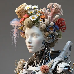 complex 3 d render, hyper detailed, ultrasharp, beautiful biomechanical delorean portrait with a porcelain profile face, natural soft rim light, headdress made of sponge corals, daisies, colorful mushrooms, jellyfish, puffballs, white red rhizomorphs, cyberpunk metallic brackets, ferra white mecha, alexander mcqueen, beautiful natural soft illumination, octane highly render, 4 k, ultra hd