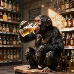 a chimpanzee drinking beer in a corner shop