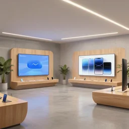 2 0 3 0 s flagship retail interior. experience. telco digital screens phones. wood, polished concrete, neon, ceiling spots. plants. samsung microsoft apple nike adidas tesla muted colors!!!!!!! ( ( ( ( ( ( ( ( ( ( ( digital painting by shaun tan ) ) ) ) ) ) ) ) ) ) )