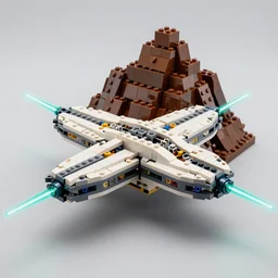 spaceship built with 1 0 0 0 lego bricks, mountian of lego bricks behind, grey on brown on teal, lasers