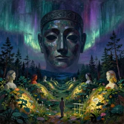 ! dream glowing forest of mounds in the auroral psychedelia. dark, looming shadows over the mask. painting by monet, arnold bocklin, wayne barlowe, agnes pelton, rene magritte