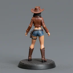 80mm resin detailed miniature of a cow girl, Short brown leather jacket, ten-gallon hat,  over-knee boots, navel, thigh skin, on textured disc base; Miniature product Photos, 4K, Full body; View from behind