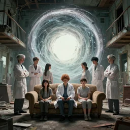 wide group of scientists researching a dimensional portal inside an abandoned house by shaun tan, at the sitting couch, codachrome, 8 k, hd, highly detailed,