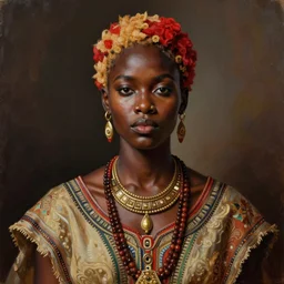 a professionally painted african female model , clothed in ancient street wear, dark skin, red gold hair, beautiful bone structure, big symmetrical scar features, stunningly, beautiful, intricate, elegant, digital painting, smooth, sharp focus, illustration, made by Kehinde Wiley, Kara Walker, Jacob Lawrence, Sam Gilliam, Edmonia Lewis,