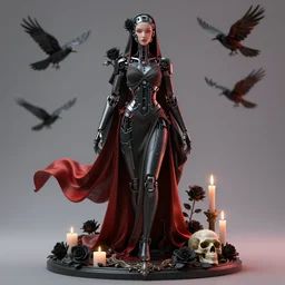 full-body cyberpunk style sculpture of a young beautiful dark priestess, half android with a head opening exposing circuitry, glowing red eyes, black roses,  flowing blood-red colored silk fabric, candles. baroque elements, human skull. full-length view. baroque element. intricate artwork by caravaggio. crows flying in  background. Trending on artstation, octane render, cinematic lighting from the right, hyper realism, octane render, 8k, depth of field, 3D