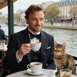 mcgregor is dressed as a gentleman at early 2 0 th century paris. he is having a coffee at the banks of river seine. ewan mcgregor has a coffee cup on his hand. next to him is a small brown cat with yellow glowing eyes, by jack kirby