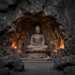 Buddha statue carved into a Martian lava cave, lit by candles, cavernous interior wide shot, rough, detailed, lava rock, elegant, concept artwork by Thomas Cole and Tim Hildebrandt