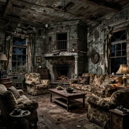 night!!!! dilapidated living room of a kentucky house, very dark lighting | highly detailed | very intricate | cinematic lighting | award - winning | low - key lighting, by david fincher, dawn of the dead, walking dead