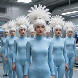 troop of freak show women with white apache hairdos, white hair, tight light blue neopren suits, futuristic production facility, sci - fi, highly detailed, cinematic