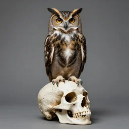 photorealistic fully body portrait of a great horned owl on a skull!!!