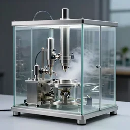 a plant incubator made of glass, stainless steel and precision instruments. there is mist inside and pine bonsai is inside, a detection screens outside