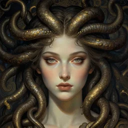 greek medusa closeup filled background around face, fantasy magic, undercut hairstyle, dark light night, intricate, elegant, sharp focus, illustration, highly detailed, digital painting, concept art, matte, art by wlop and artgerm and greg rutkowski and alphonse mucha, masterpiece