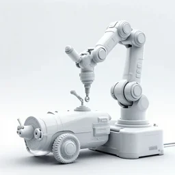 ceramicpunk, motors, a complex thick bifurcated robotic cnc surgical arm cybernetic symbiosis hybrid mri 3 d printer machine making in a biochem lab control panels, 4 k, large monitor screens, knobs, natural light in room, drone camera lens orbs, octane render, architectural, f 1 8,,