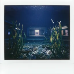 abandoned mall, under water, distant lighting, psychedelic, at night, aquatic plants 🪴, shards of glass, polaroid 6 0 0