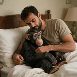 kurdish man tucks his pet chimpanzee into bed, in a movie directed by christopher nolan, movie still frame, promotional image, imax 7 0 mm footage, strong and imposing