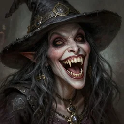 a horrible scary old witch laughing with big long hooked teeth, deep focus, d & d, fantasy, intricate, elegant, highly detailed, digital painting, artstation, concept art, matte, sharp focus, illustration, hearthstone, art by artgerm and greg rutkowski and alphonse mucha