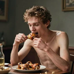 a very skinny man feasting on chicken drumsticks, octane render, unreal engine