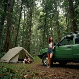 two women camping next to green car, elegant scene, low angle, wide angle, indian forest, wide angle, cinematic, ultrarealistic, trending on artstation, cgsociety, highly detailed, color graded, rendered in unreal engine 4 k hq, matte painting, by simon stalenhag and hudson river school, horizon forbidden west