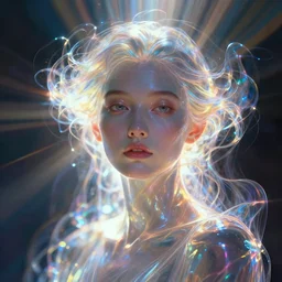 a frontal face, a portrait, a transparent + beautiful + elegant, a entity + dissolving in to light, refractive light+ refractive light + caustics + backlit + incredible lighting + strong rim light + highly detailed + god rays + digital painting + HDRI + vivid colors +  high contrast + 8k resolution + intricate + photorealistic + smooth + by Alvaro Castagnet + Peter Mohrbacher + Dan Mumford