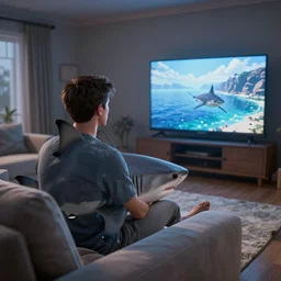 realistic 3d render of a shark sitting on the couch watching tv octane cinema 4d