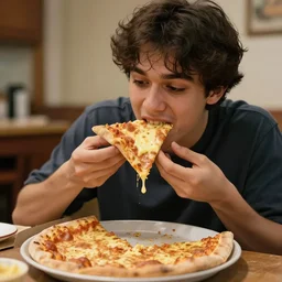 buttercup eating pizza as a realistic human, 4 k, highly detailed, art station