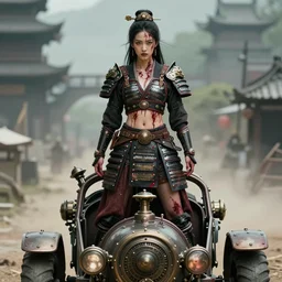 vertical movie frame with ancient asian female standing on steam punk buggy, hunt, armor inspired by ancient japan and fashion, symmetrical beautiful face, epic, perfectbody, brutal blooded sluty award winning, establishing shot, extremely high detail, photorealistic, brutal, provocative, octane render, editorial, extreme sports photography