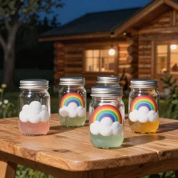 4 jars of rainbow clouds on a table in a log cabin at night, detailed,
