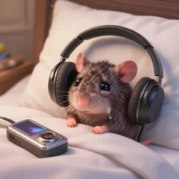 sad scene of a crying rat laying in bed with a Walkman and wearing headphones in a Disney Pixar movie, 35mm f2.8 4k, artstation, PBR materials, Pixar Renderman render
