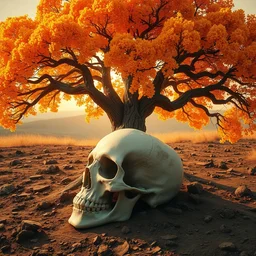 a skull sitting in the dirt, that morphs into a beautiful vibrant old tree, digital art, high quality, hyper realistic, golden hour, trending on artstation, 8 k